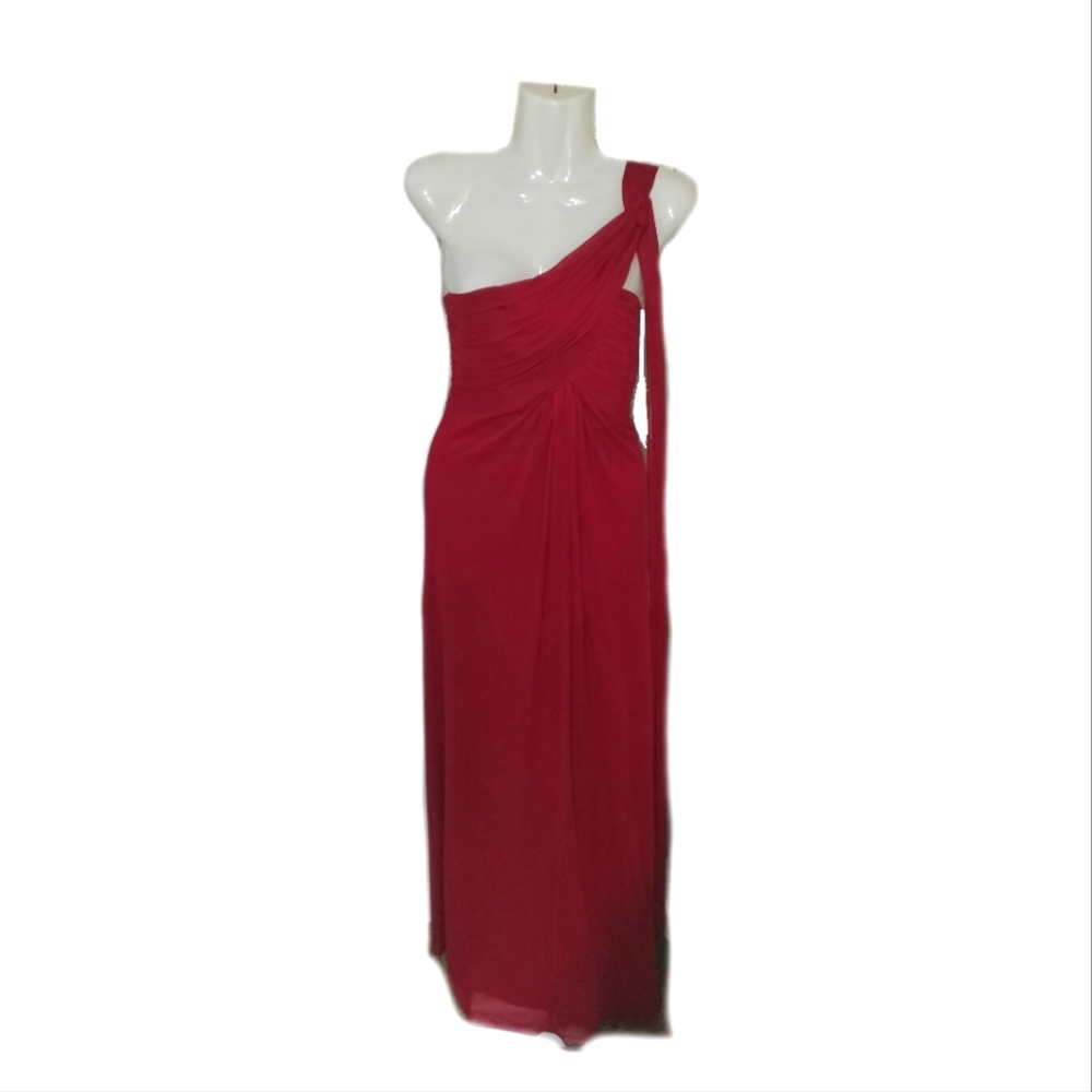 Red one shoulder ball gown